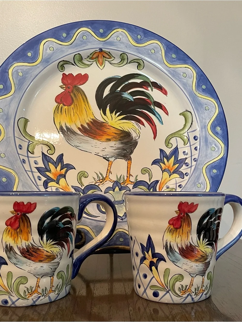 Hand-Painted Rooster Ceramic Dinner Plate - Blue Accent